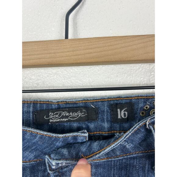 Ed Hardy Vintage Y2K Denim Mini Skirt Sz 16 *Broken zipper* - Picture 6 of 9